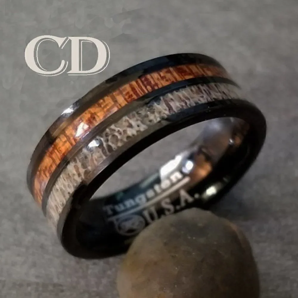 Men's Real Tungsten Wedding Ring With Deer Bone and Whiskey Barrel Wood Inlays